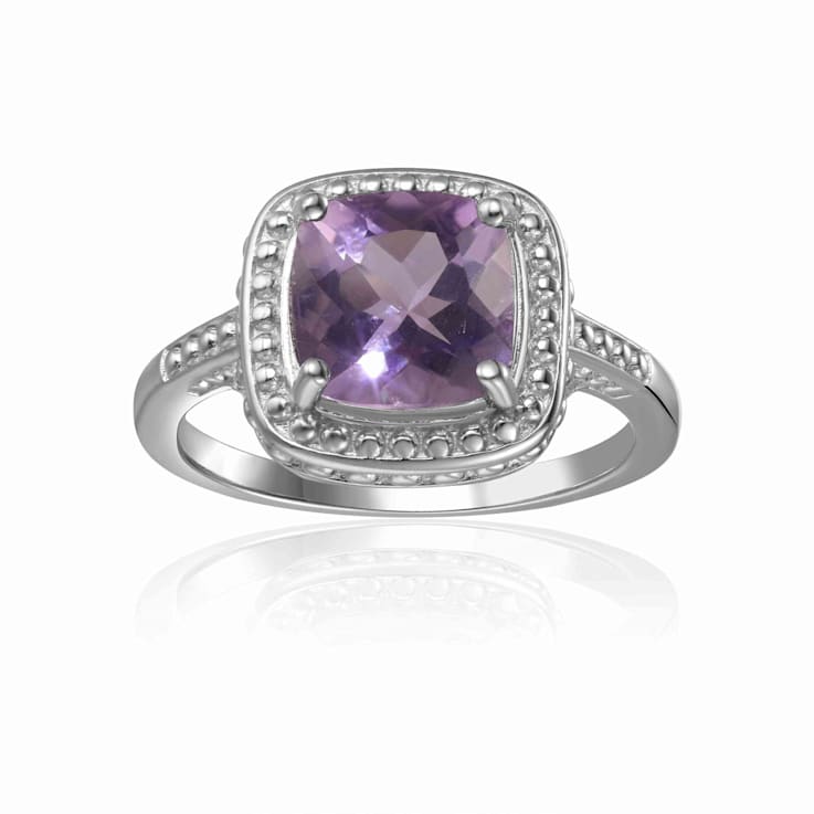 Square Cushion Amethyst Sterling Silver Solitaire with Beaded Halo Ring, 2.00ct