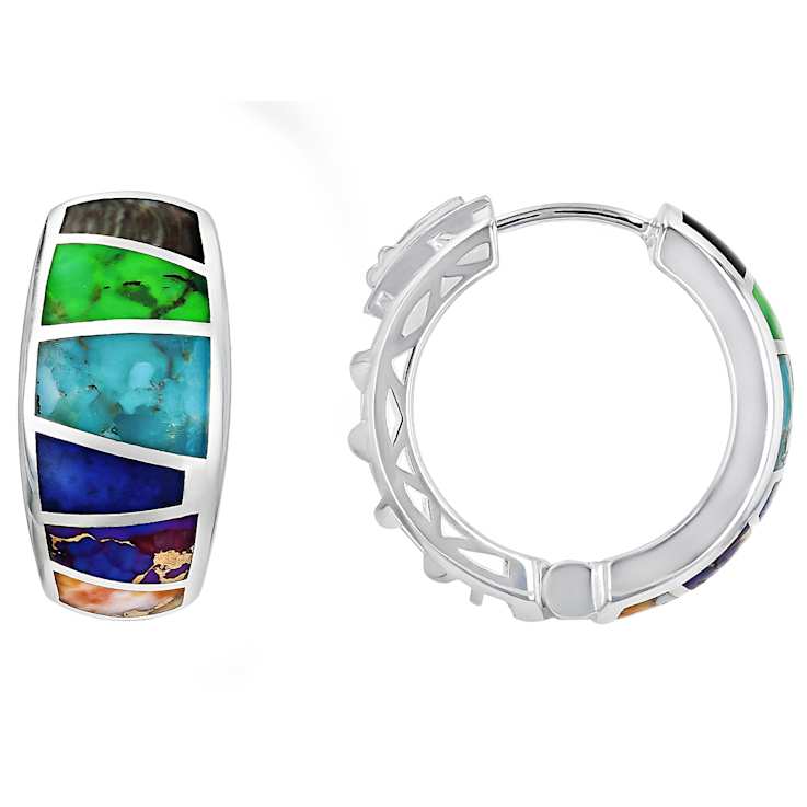 Multi-Gemstone Sterling Silver Inlay Huggie Earrings