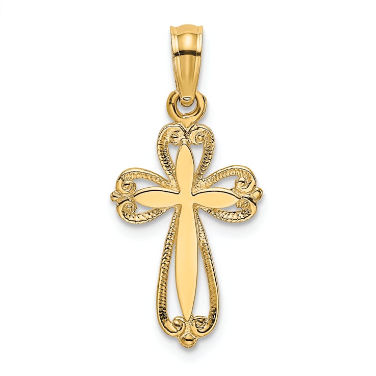 14k Yellow Gold Polished and Textured Cut-Out Cross Pendant