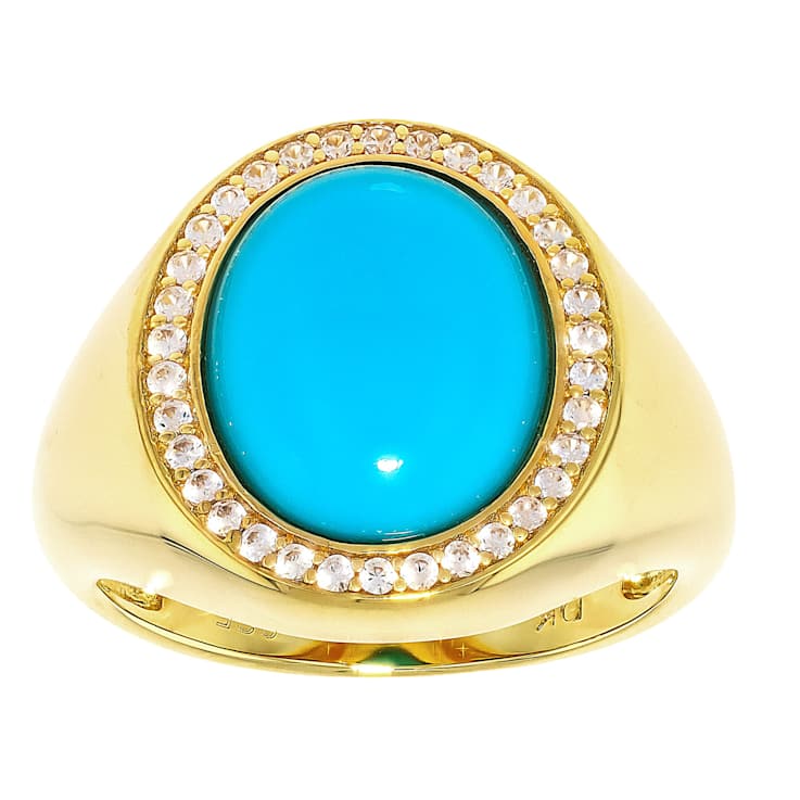 Turquoise Oval And White Zircon Ring In 18K Gold Over Sterling Silver 0.14ctw