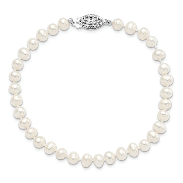 Rhodium Over Sterling Silver 5-6mm White Freshwater Cultured Pearl Bracelet