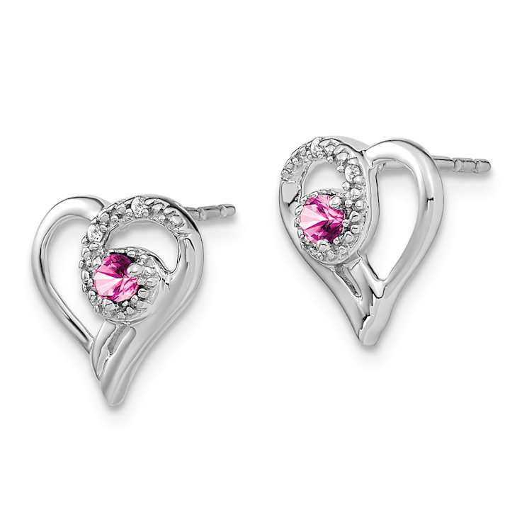 Rhodium Over 14K White Gold Pink Sapphire and Diamond Heart Earrings