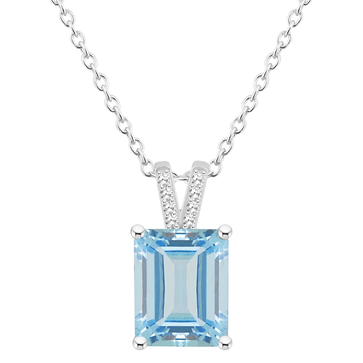 10x8mm Emerald Cut Sky Blue Topaz With Diamond Accents Rhodium Over
Sterling Silver Pendant w/ Chain