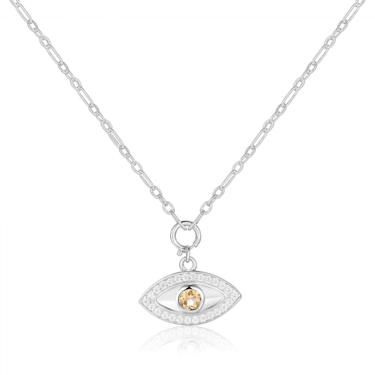 Citrine and Moissanite Rhodium Over Sterling Silver Evil Eye Necklace