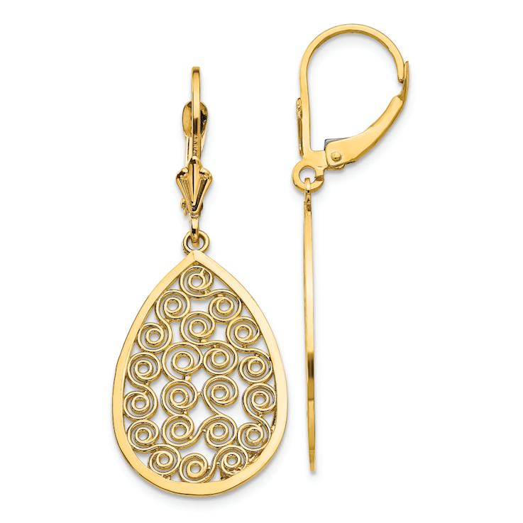 14k Yellow Gold Teardrop Filigree Dangle Earrings
