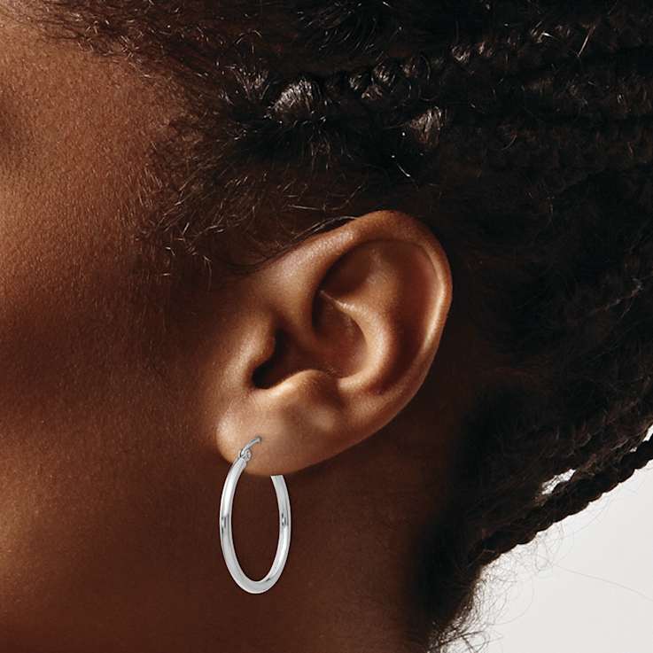 Rhodium Over 14k White Gold Polished 1" Tube Hoop Earrings
