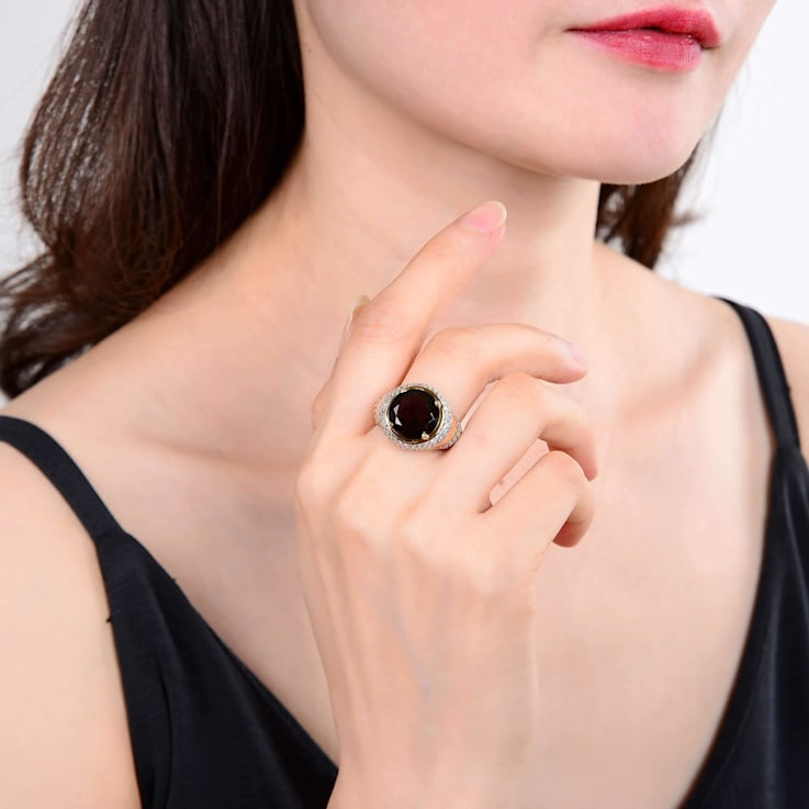 Smoky Quartz with Cubic Zirconia Accents 18K Yellow Gold Over Sterling
Silver Halo Ring, 5.99ctw