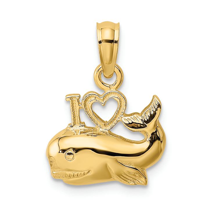14k Yellow Gold 2D Polished and Textured I LOVE (HEART) Whale Charm