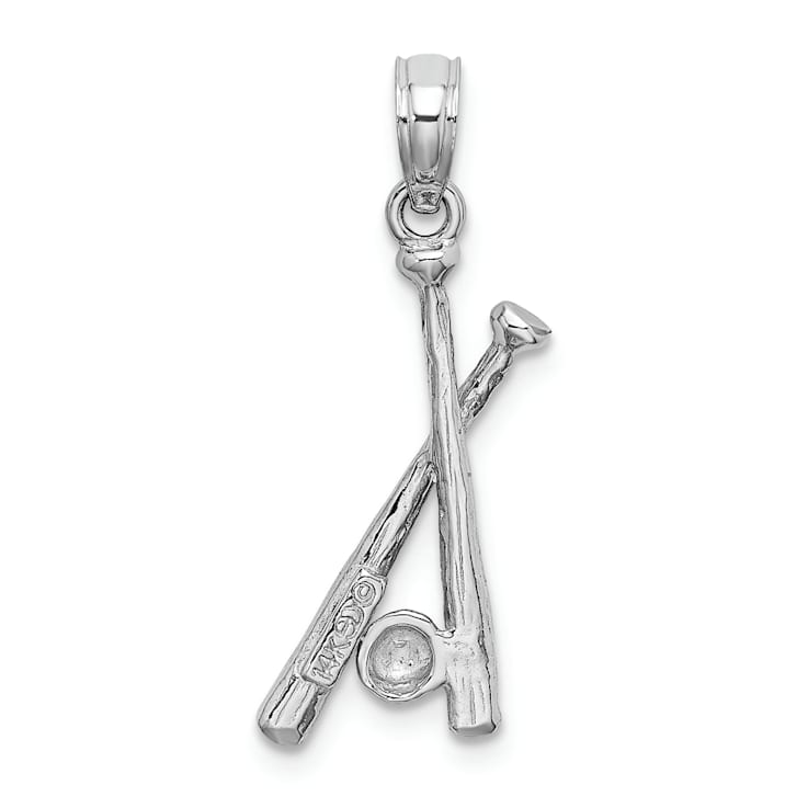 Rhodium Over 14k White Gold Polished and Textured Open-Back Bats and
Baseball Pendant