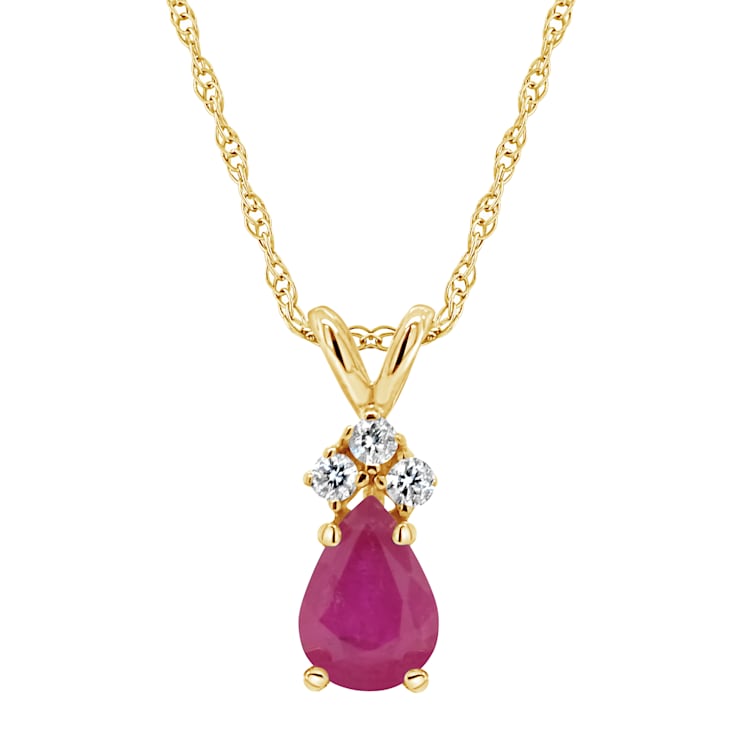 6x4mm Pear Shape Ruby with Diamond Accents 14k Yellow Gold Pendant With Chain
