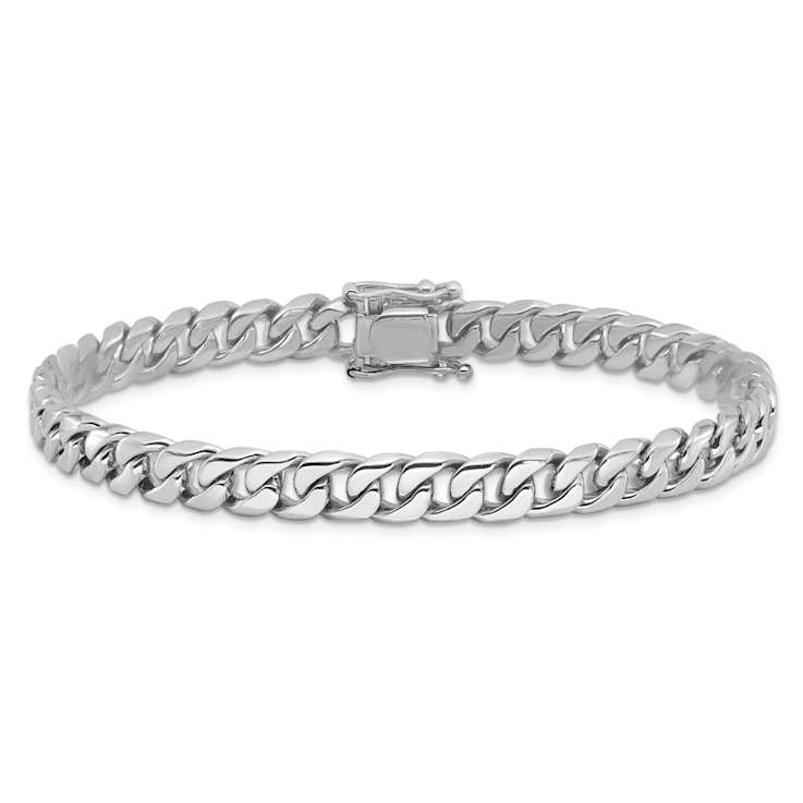 Rhodium Over 10k White Gold 6.8mm Hand Polished Flat Beveled Curb Link Bracelet