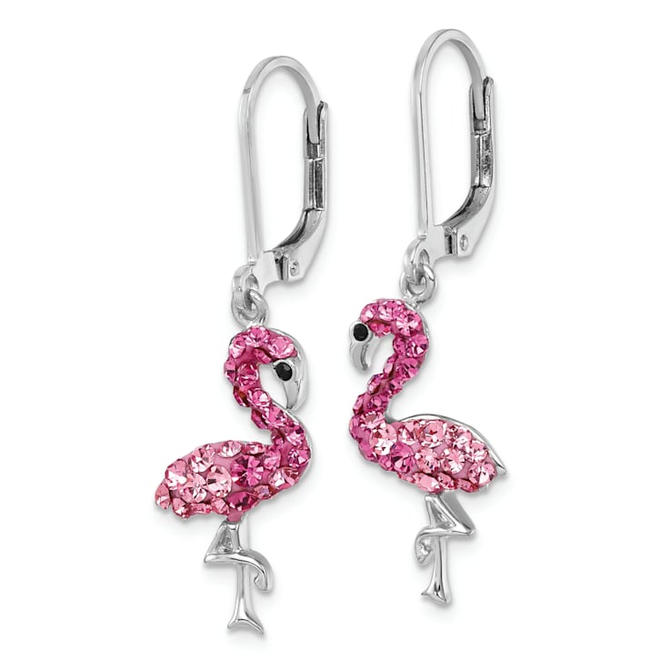 Rhodium Over Sterling Silver Pink Crystal Flamingo Leverback Earrings