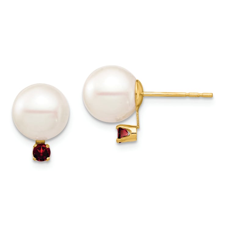 14K Yellow Gold 8-8.5mm White Round Freshwater Cultured Pearl Garnet
Post Earrings