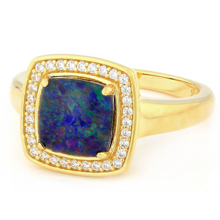 Australian Opal Triplet And White Zircon Ring In 18K Gold Over Sterling
Silver 2.19ctw