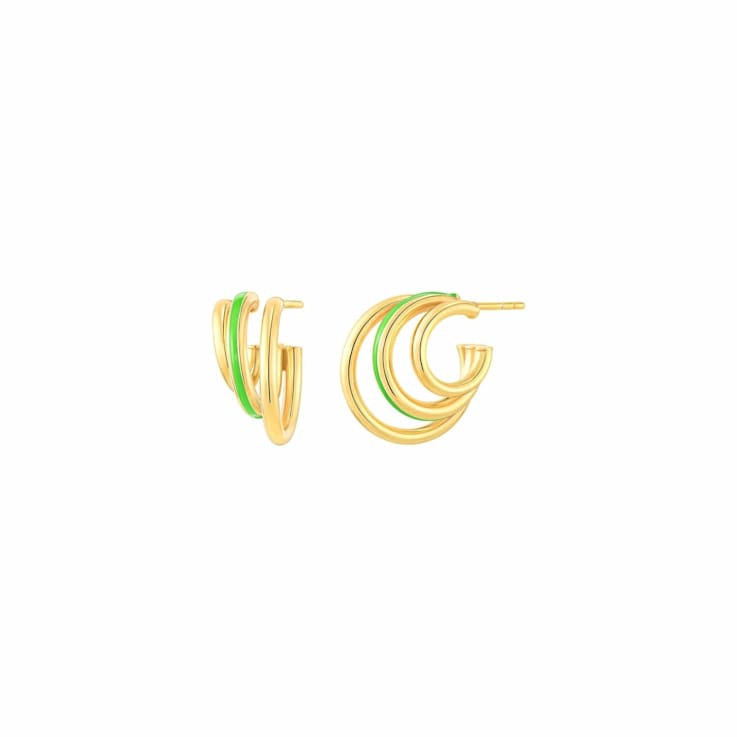 14K Yellow Gold Over Sterling Silver Enamel Triple Hoop Earrings in Neon Green