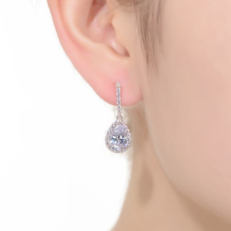 Pear Shape CZ Halo Linear Drop Earrings In Sterling Silver