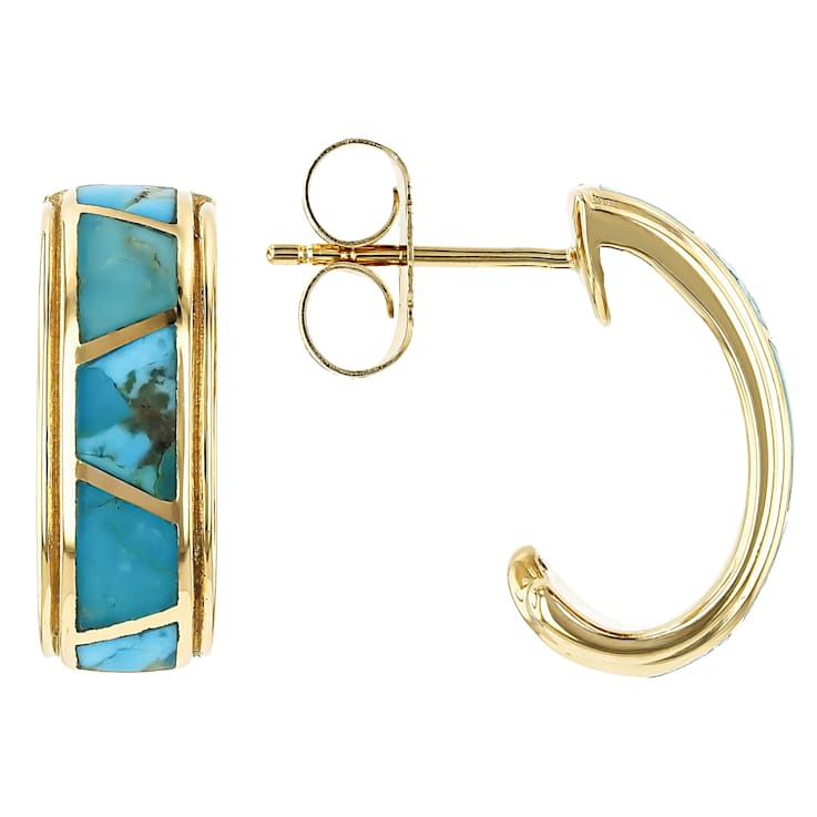 Turquoise Inlay J-Hoop Earrings In 18K Gold Over Sterling Silver