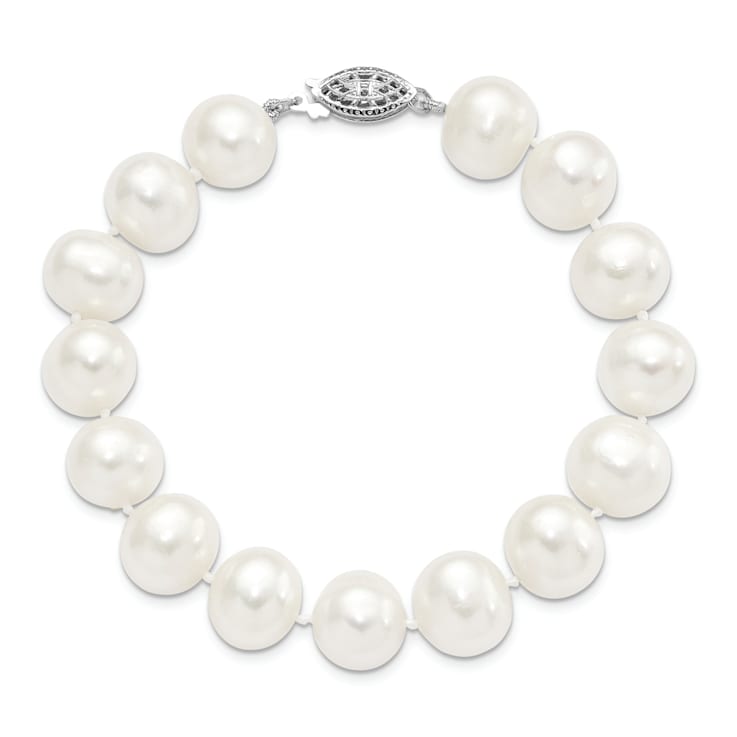 Rhodium Over Sterling Silver 11-12mm White Freshwater Cultured Pearl Bracelet