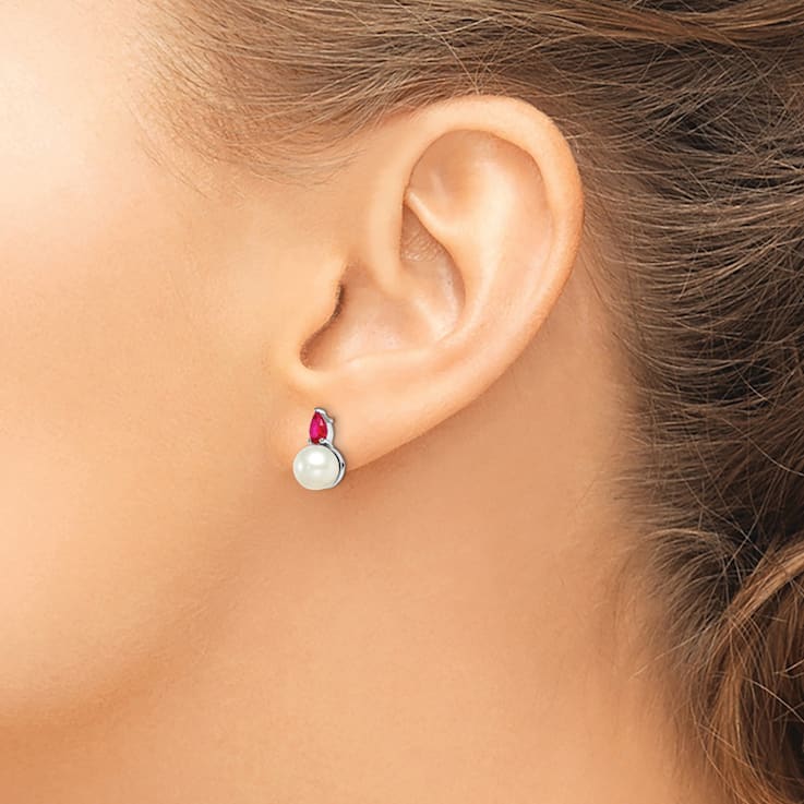 Rhodium Over 14K White Gold Freshwater Cultured Pearl and Ruby Post Earrings