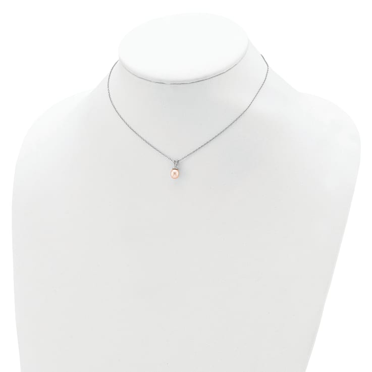 Rhodium Over Sterling Silver Pink Rice 6-7mm FWC Pearl Necklace