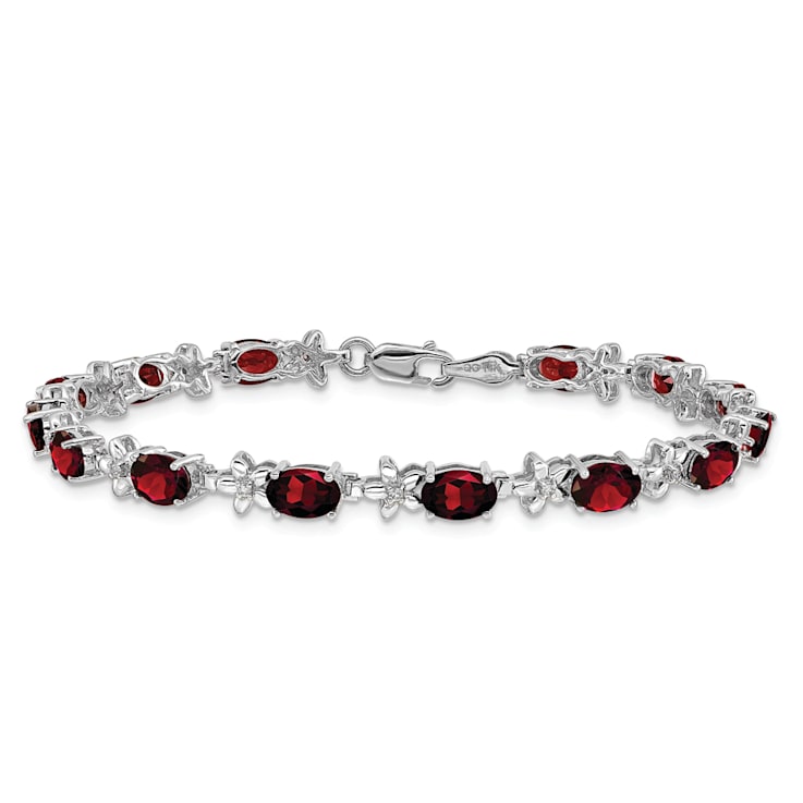 Rhodium Over 14k White Gold Floral Diamond and Garnet Bracelet