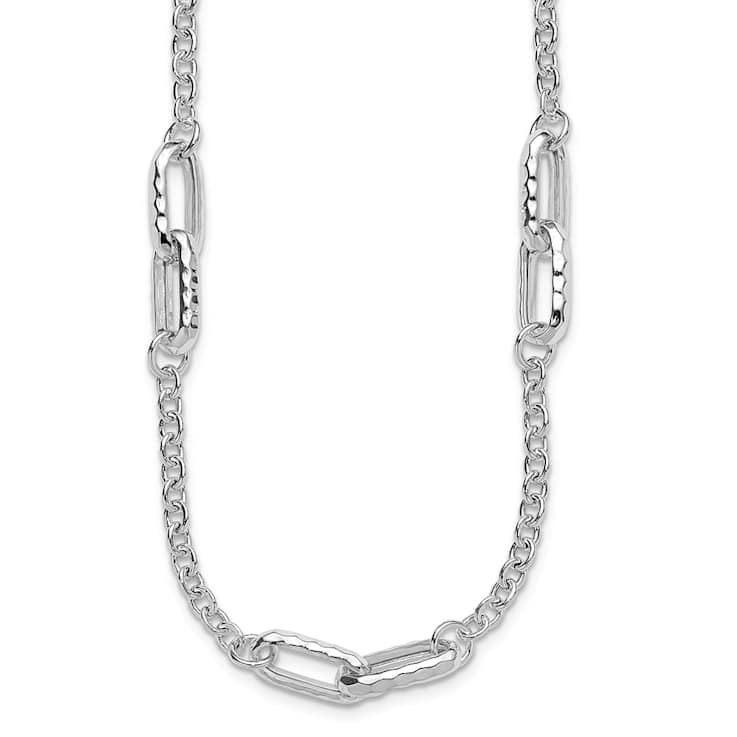 Rhodium Over Sterling Silver Polished and Hammered Link Necklace