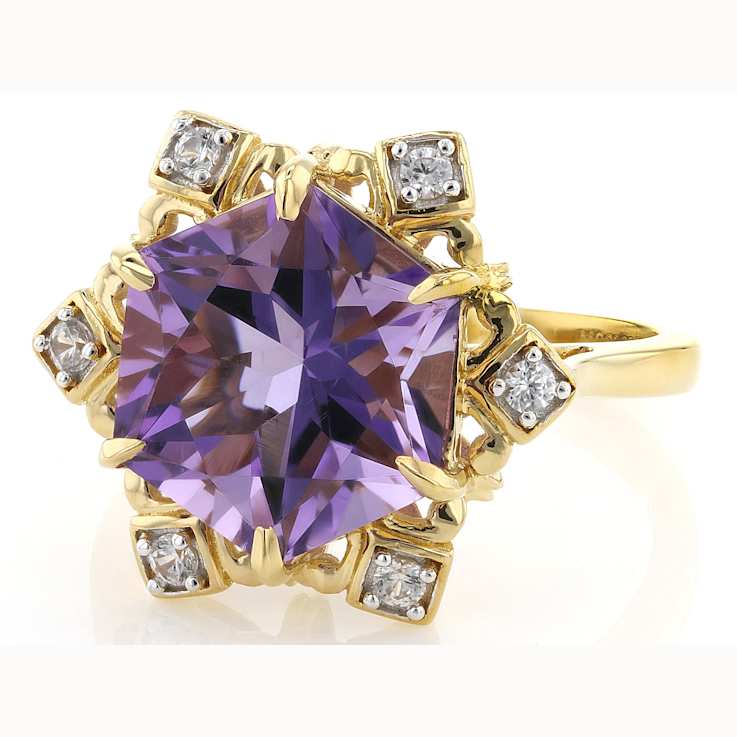 Amethyst Hexagon Star Cut And White Zircon Ring In 18K Gold Over
Sterling Silver 4.06ctw