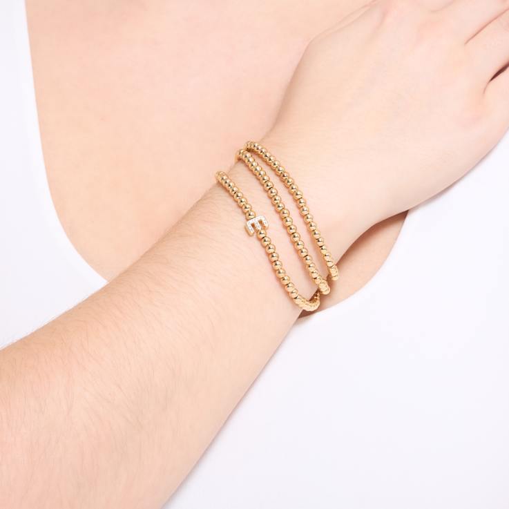 Initial E CZ Beaded Bracelet Set In 14K Gold Over Brass 0.15ctw