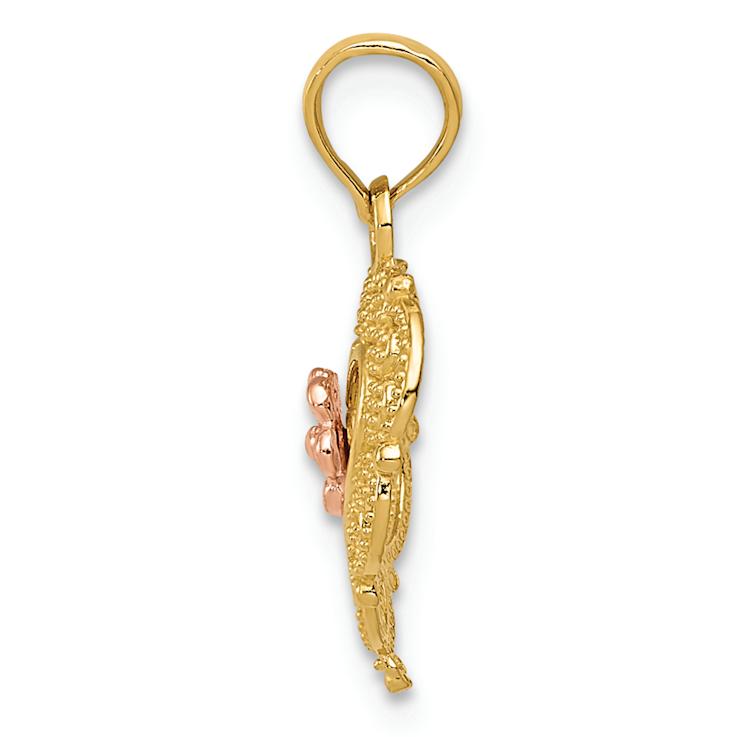 14K Two-tone Gold  Polished and Textured Flower in Fancy Border Heart Pendant