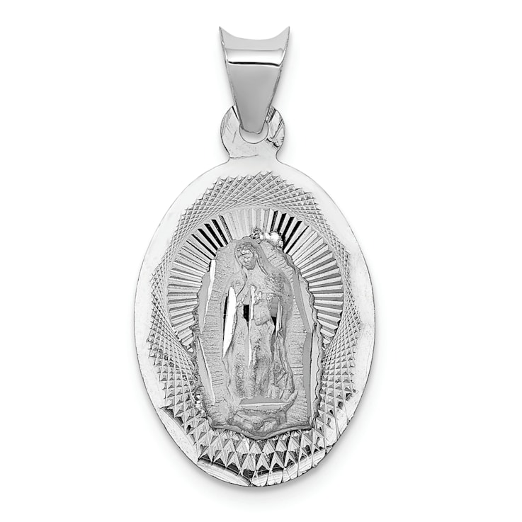 Rhodium Over 14K White Gold Our Lady of Guadalupe Semi-solid Oval Pendant