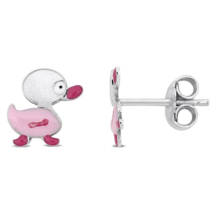 Children's Pink Enamel Duck Stud Earrings in Sterling Silver