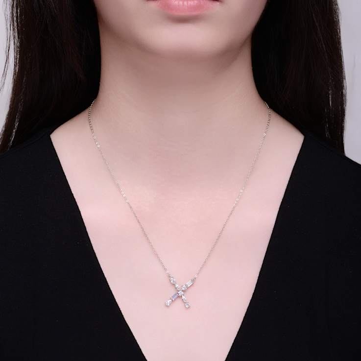 Initial X Mixed Cut CZ Pendant Necklace In Sterling Silver 18 Inch