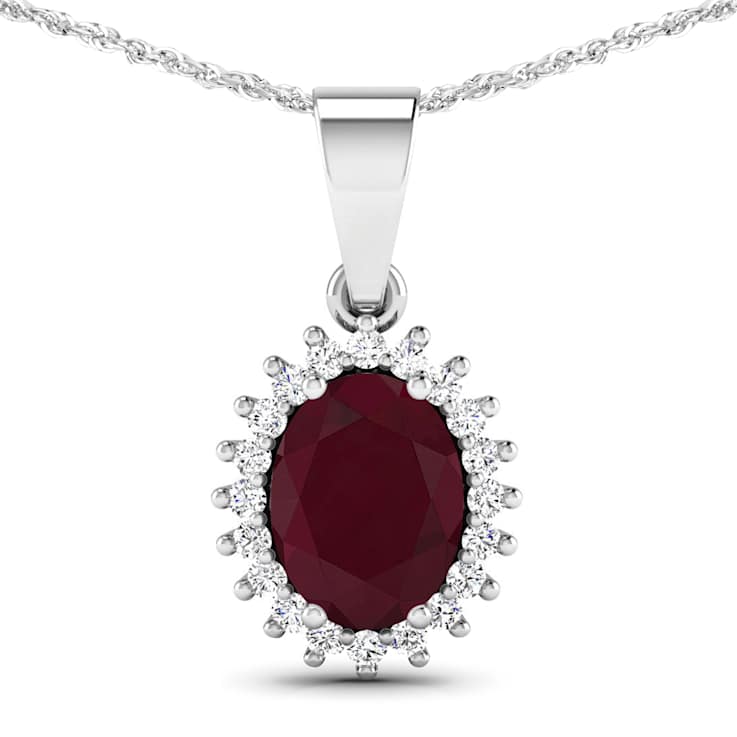 1.50ctw 14K White Gold Ruby and White Diamond Pendant with 18 inch Cable Chain