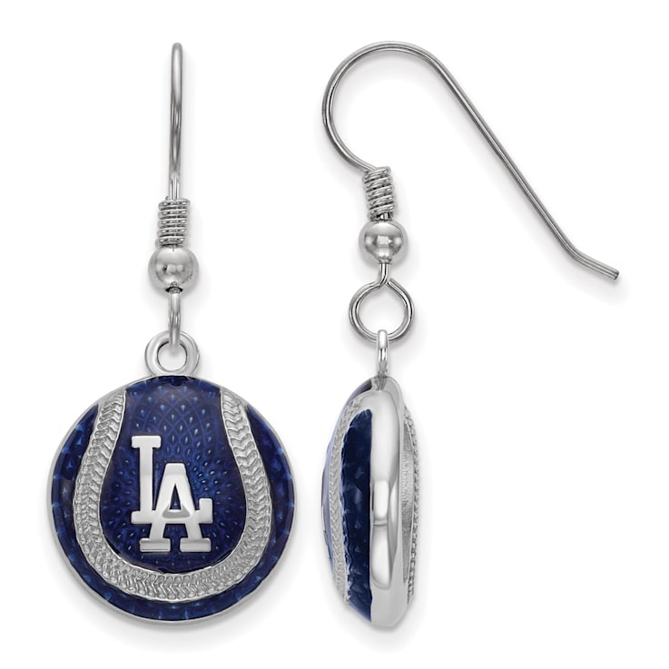 Rhodium Over Sterling Silver MLB LogoArt LA Dodgers Enamel Dangle Earrings