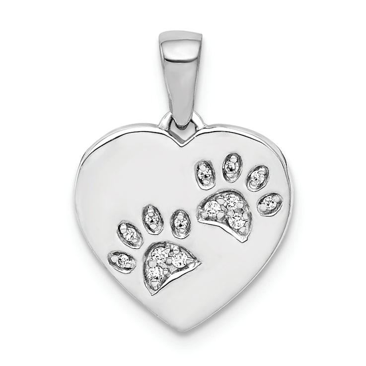 Rhodium Over 14K White Gold Diamond Paw Prints Heart Pendant