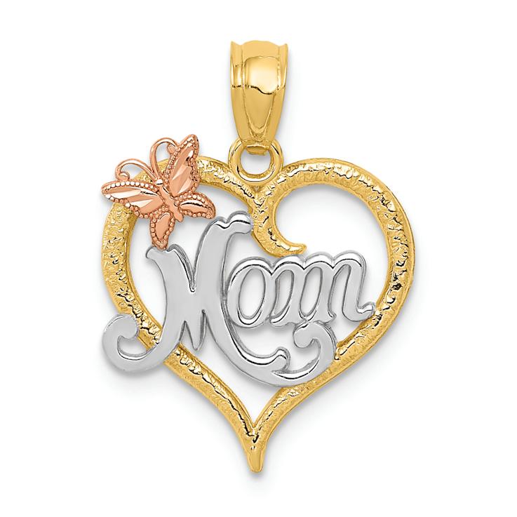 14K Tri-color Gold Textured MOM Heart Pendant