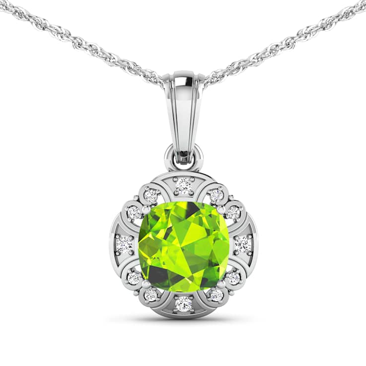 2.02ctw 14K White Gold Cushion Peridot and White Diamond Pendant with 18
inch Cable Chain