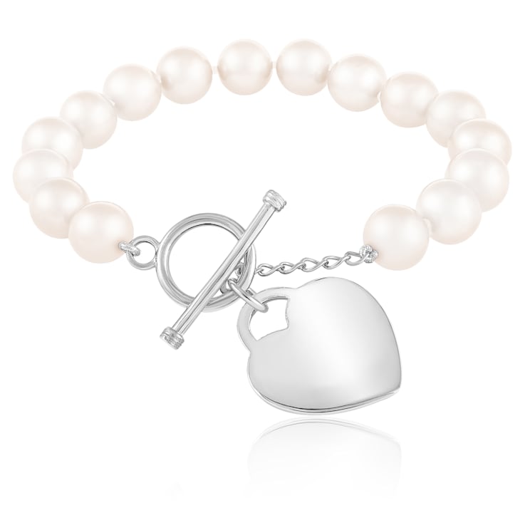 White Freshwater Pearl Bracelet with Sterling Silver Engraveable Heart
Toggle Clasp