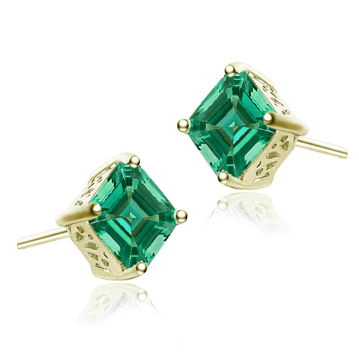 Emerald Color CZ Square Stud Earrings In 14K Gold Over Sterling Silver