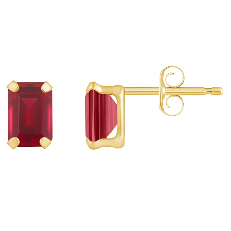 6x4mm Emerald Cut Lab Created Ruby 10k Yellow Gold Stud Earrings