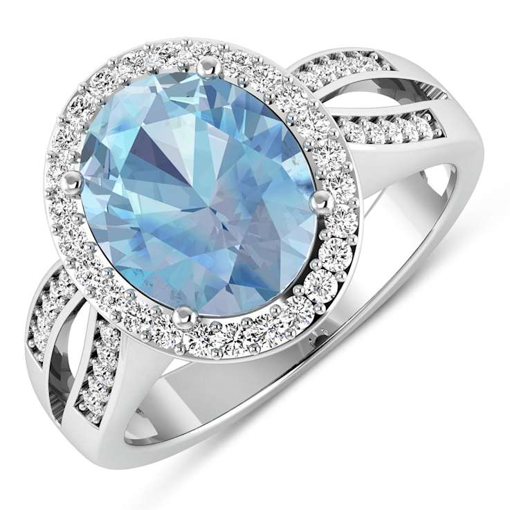 3.29 ctw Oval Blue Aquamarine and Diamond 14K White Gold Split Shank
Halo Ring
