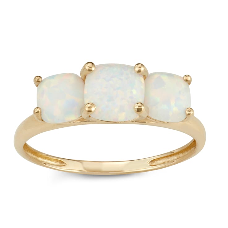 Square Cushion Lab Created Opal 3-Stone 10K Yellow Gold Ring 0.85ctw