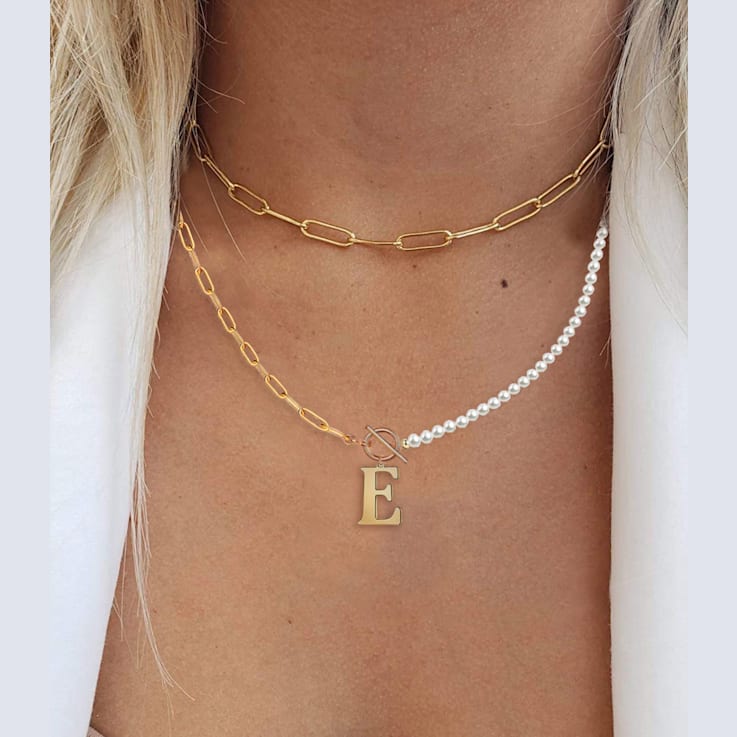 14K Gold Over Brass Initial Pearl Simulant Link Chain Necklace Letter E