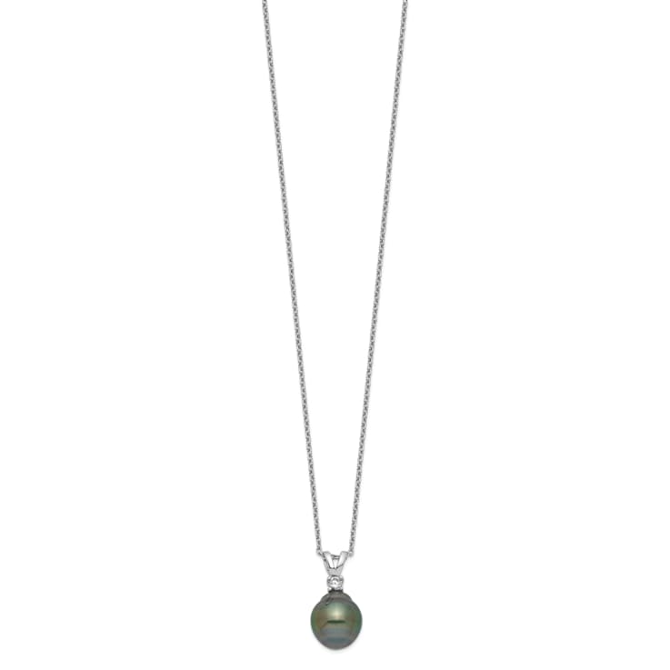 Rhodium Over Sterling Silver Polished Necklace and Earring Set with
Tahitian Pearls and CZ.