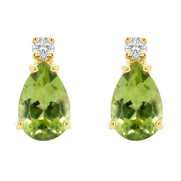 6x4mm Pear Shape Peridot with Diamond Accents 14k Yellow Gold Stud Earrings