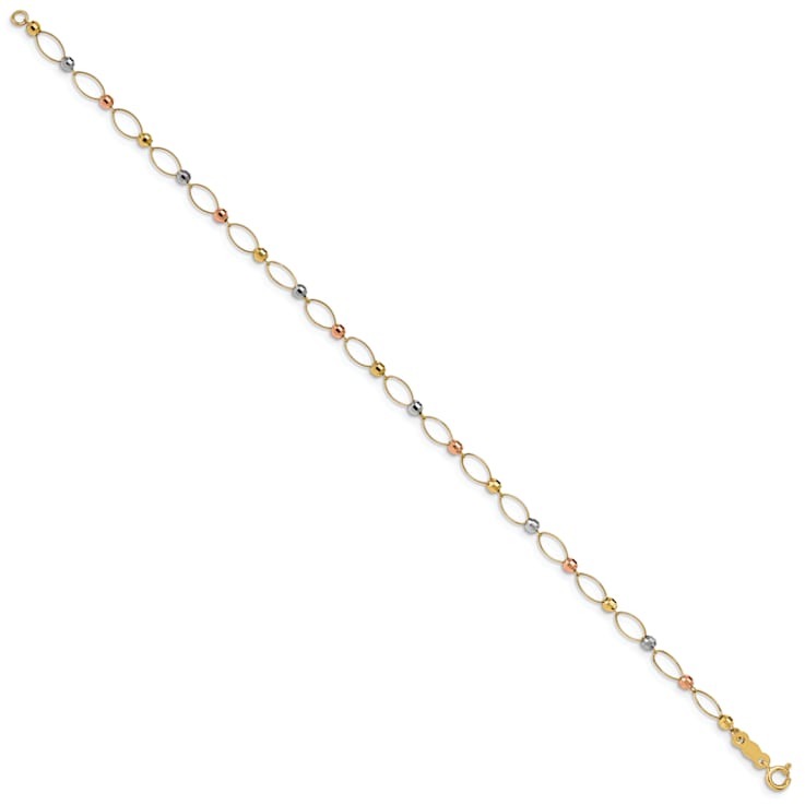 14K Yellow, White and Rose Gold Oval Link Tri-color Mirror Beads Bracelet