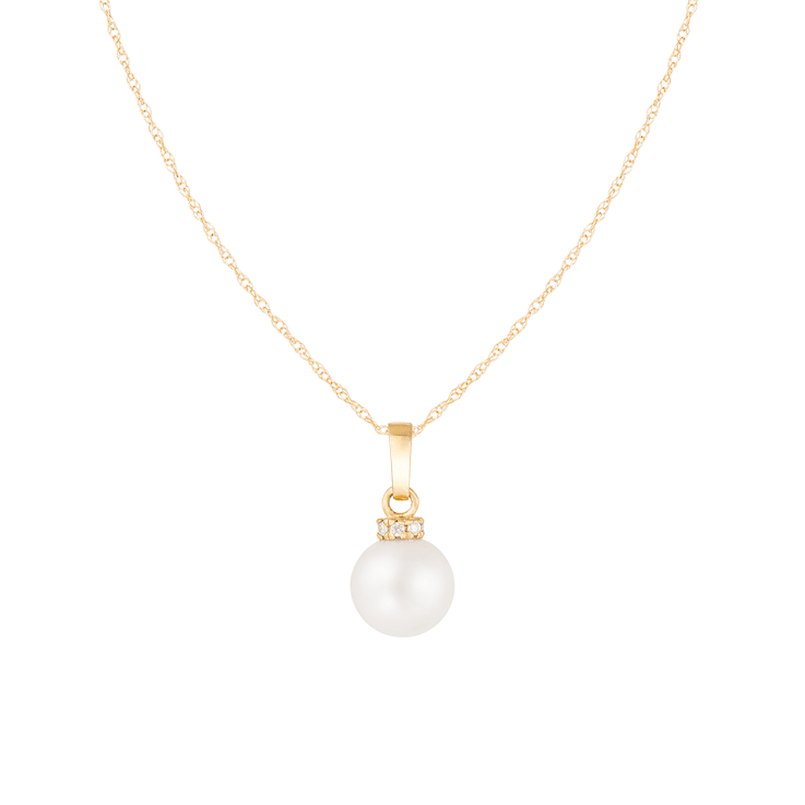 White Cultured Freshwater Pearl and Diamond 14K Yellow Gold Pendant 8-8.5mm
