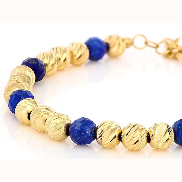 Lapis Lazuli Beaded Bracelet In 18K Gold Over Sterling Silver 6mm