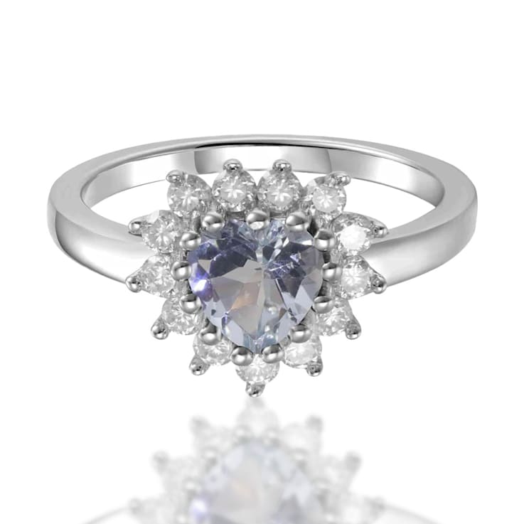 Heart Shape Aquamarine with White Topaz Accents Sterling Silver Ring, 1.06ctw