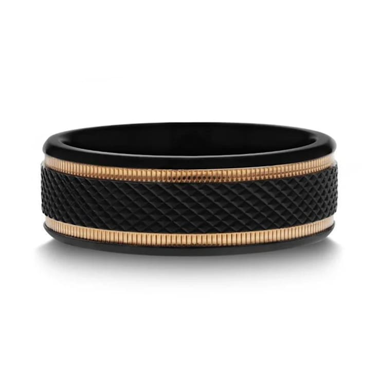 BAROQUE Black Titanium Diamond Pattern Brushed Finish Men’s Wedding Ring
with Milgrain Grooves 8mm